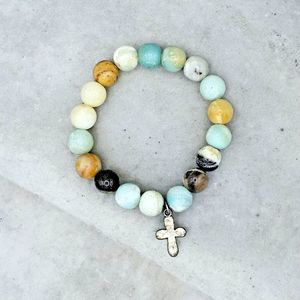 Amazonite Cross Bracelet Natural Stone Silver Tone Religious Spiritual Jewelry